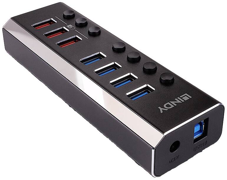 Hub USB w prostokątnej formie z wieloma portami USB i przełącznikami. Logo marki na górnej powierzchni. Odpowiedni do podłączania wielu urządzeń.