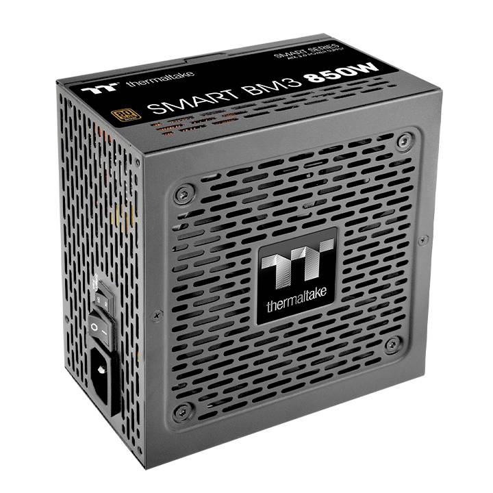 Zasilacz Thermaltake Smart BM3 850W z czarną, ażurową obudową i wieloma opcjami podłączenia.