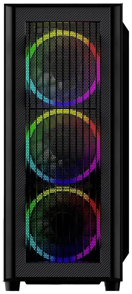 Czarna obudowa komputera z trzema świecącymi wentylatorami RGB na przedniej ściance, które świecą w różnych kolorach.