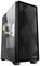Czarna obudowa komputera z boczną szybką i kolorowym podświetleniem LED we wnętrzu. Stoi pionowo, logo marki widoczne u dołu po prawej stronie.