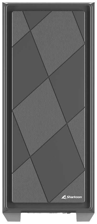 Obudowa komputera w ciemnym kolorze z geometrycznym wzorem na przedniej ściance oraz logo marki w prawym dolnym rogu.