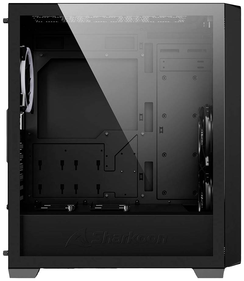 Czarna obudowa komputerowa z przezroczystym oknem bocznym. Wnętrze puste, odpowiednie do montażu podzespołów komputerowych.