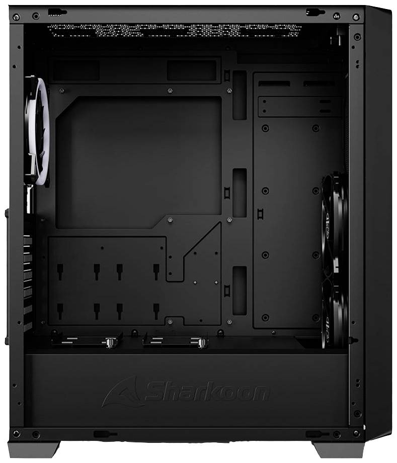 Pusta obudowa komputerowa z czarnym wnętrzem, otwartymi bokami i zamontowanymi wentylatorami. Na przedniej stronie widnieje oznaczenie 'Sharkoon'.