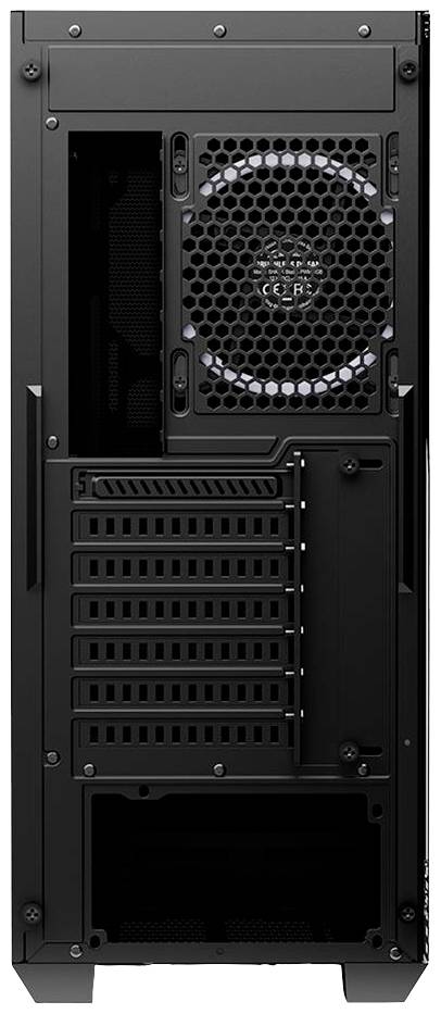 Czarna obudowa komputera widziana od tyłu, z dużym wentylatorem na górze i kilkoma slotsami rozszerzeń poniżej.