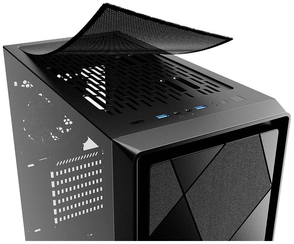 Czarna obudowa komputerowa z siateczkowym pokryciem górnej części, prezentująca złącza z przodu. Odpowiednia do montażu podzespołów komputerowych.