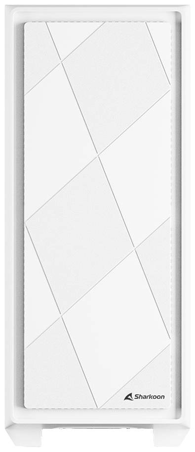 Białe obudowa komputerowa firmy Sharkoon z nowoczesnym, diagonalnym wzorem linii na przedniej ściance.