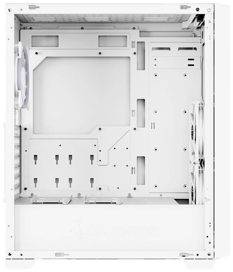 Białe obudowa komputerowa, wewnątrz pusta, z wentylatorami po bokach. Odpowiednia dla płyt głównych ATX i wielu kieszeni na dyski twarde.