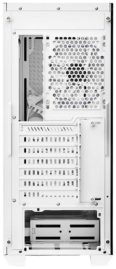 Widok z tyłu białej obudowy komputera z wentylatorem, slotami rozszerzeń i otworami przyłączeniowymi. Brak widocznych kabli lub urządzeń.