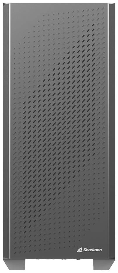 Przednia strona obudowy komputera PC, z wyciętymi otworami wentylacyjnymi i logo marki Sharkoon w prawym dolnym rogu.