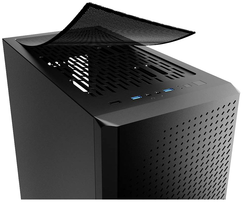 Czarna obudowa komputera z wymiennymi filtrami przeciwkurzowymi na górze i z przodu. Z przodu znajdują się dwa porty USB oraz włącznik sieciowy.