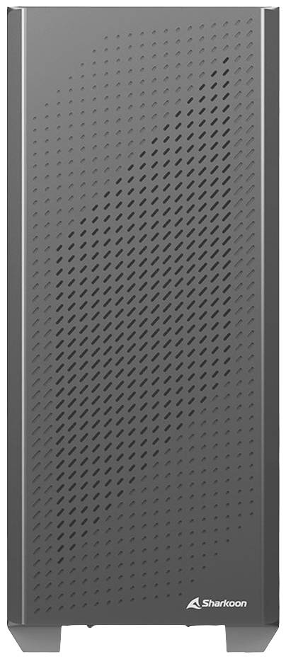 Czarna obudowa komputera z perforowaną przednią ścianką dla lepszej wentylacji, logo marki w dolnym prawym rogu.