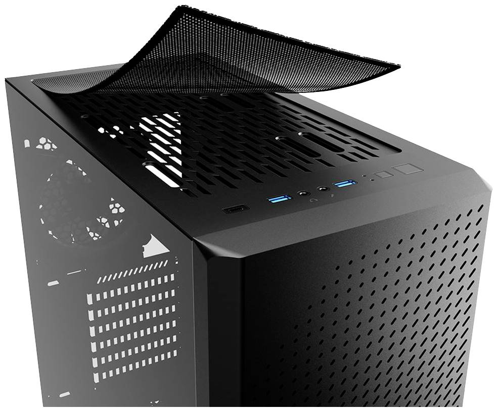 Czarna obudowa komputera z możliwym do zdjęcia, perforowanym pokrywą, dwoma złączami USB oraz przyciskiem zasilania na górnej powierzchni.
