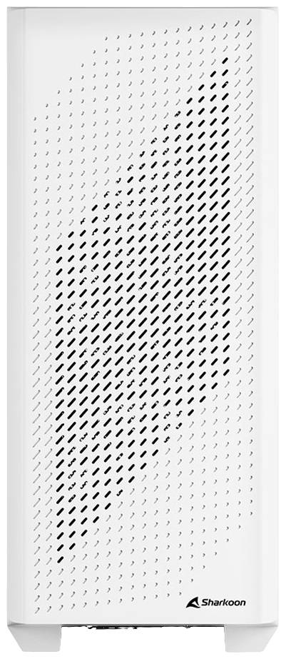 Białą obudowę komputerową firmy Sharkoon z perforowaną przednią ścianką dla lepszej wentylacji.