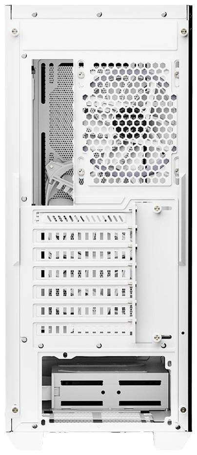 Obraz przedstawia tylną część białej obudowy komputera z wieloma kratkami wentylacyjnymi, slotami rozszerzeń oraz złączami.