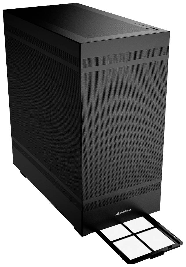 Czarny tower obudowy komputera z wysuniętą przednią szufladą filtra.