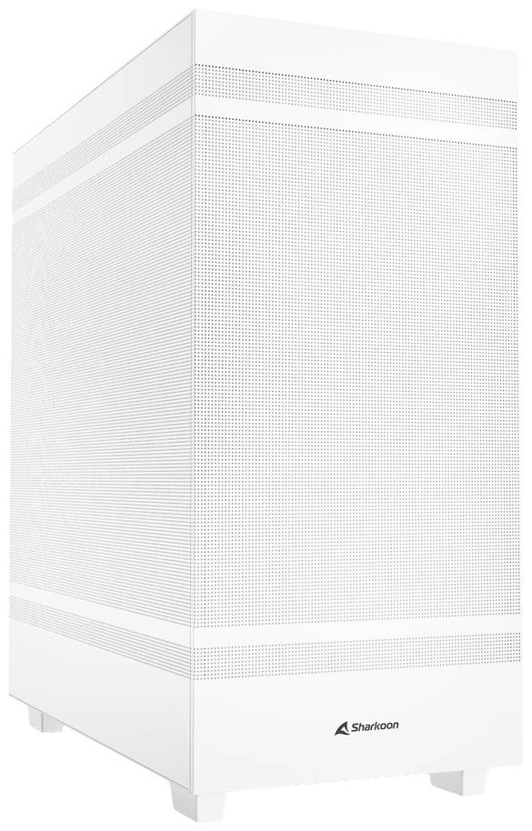 Białe obudowa komputerowa z perforowanymi powierzchniami. Stoi pionowo, a na dolnej części przedniej ściany znajduje się logo 'Sharkoon'.