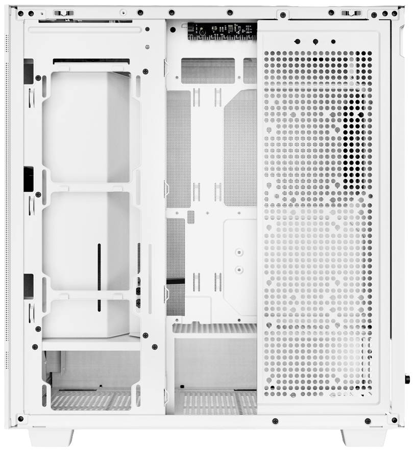 Białe wnętrze obudowy komputerowej bez komponentów, przedstawiające klatki na napędy oraz duże kratki wentylacyjne zapewniające optymalną wentylację.