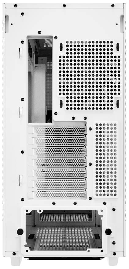 Tylna strona białej obudowy komputera z kratkami wentylacyjnymi i slotsami rozszerzeń. Widoczny górny i dolny obszar.