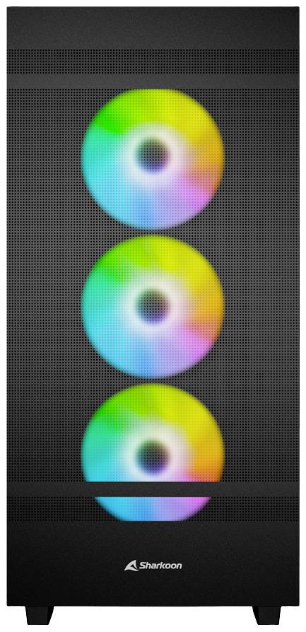 Obudowa komputera z trzema podświetlanymi wentylatorami w intensywnych kolorach na przedniej części.