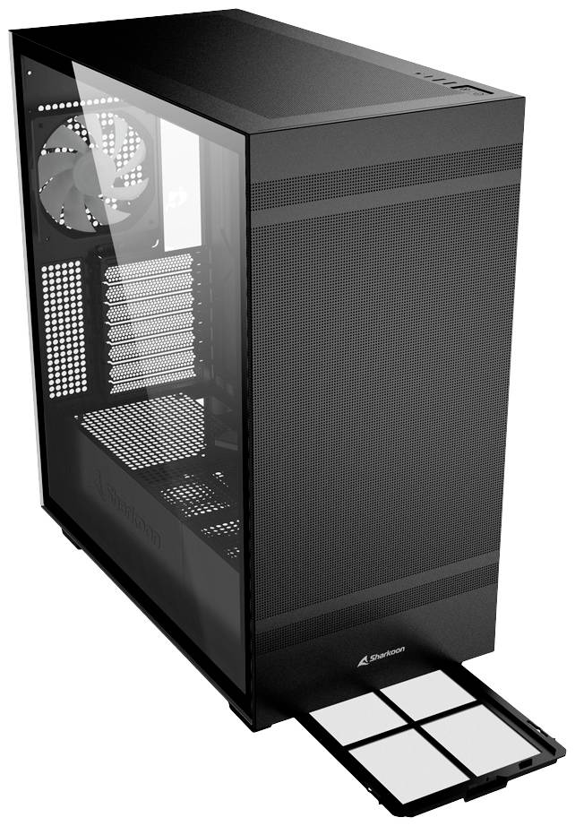Czarna obudowa komputera z elementami szklanymi, widocznym wentylatorem z tyłu oraz wysuwanym filtrem przeciwkurzowym na spodzie.