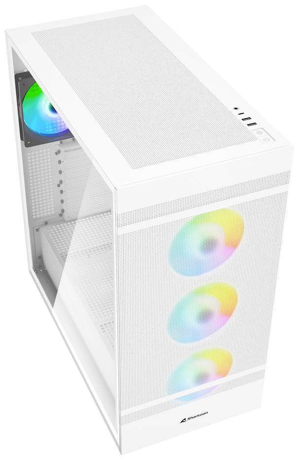 Białe obudowa komputera z przezroczystą boczną ścianką, trzema podświetlanymi RGB wentylatorami z przodu oraz jednym z tyłu.
