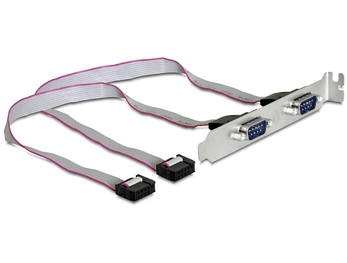 Dwa porty szeregowe na metalowej podstawie, połączone dwoma kablami taśmowymi, które każdy prowadzi do czarnego gniazda przyłączeniowego.