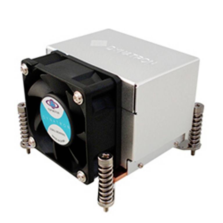 Radiator z wentylatorem na metalowej podstawie, zamontowany na czterech śrubach sprężynowych. Odpowiedni do chłodzenia procesorów komputerowych.
