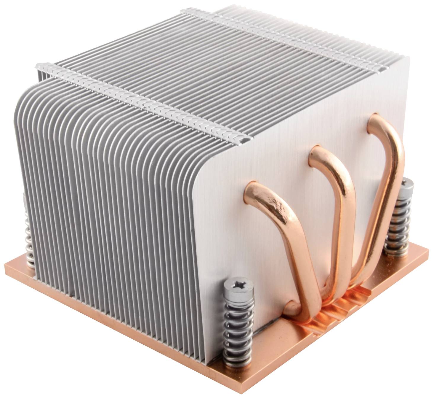 Radiator procesora wykonany z aluminium i miedzi, z wieloma żeberkami i miedzianymi rurkami odprowadzającymi ciepło.