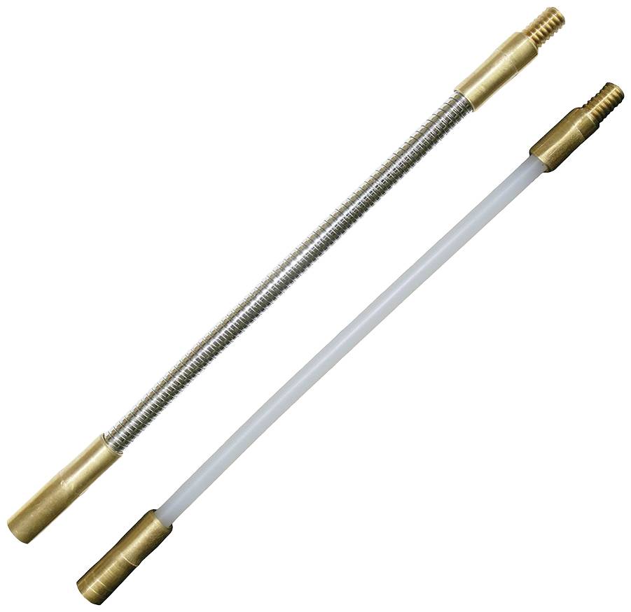 Dwa adaptery przedłużające wykonane z mosiądzu, jeden z elastyczną, drugi ze sztywną rurką, oba z gwintem na końcach.