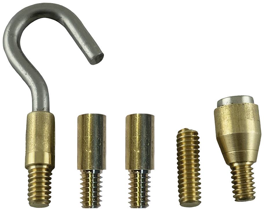 Pięć złotych elementów gwintowanych: hak, trzy dystanse i stożkowy element końcowy. Używane do montażu lub celów technicznych.