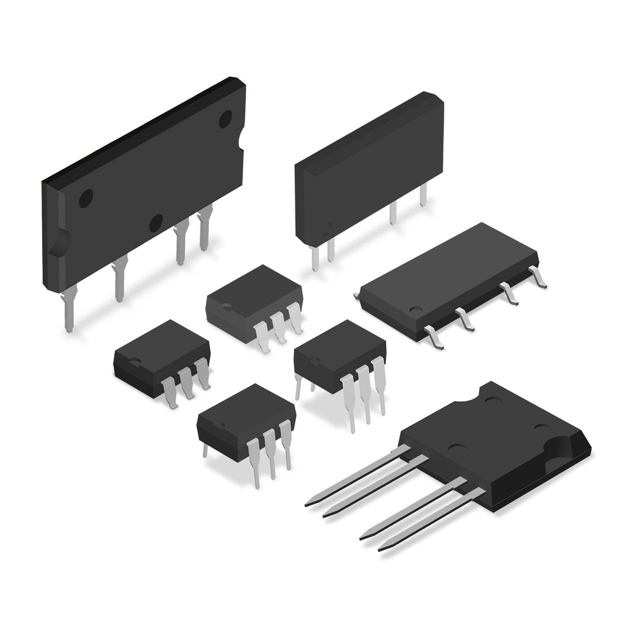 Różne rodzaje elektronicznych chipów i obwodów, w tym obudowy DIP, SIP i TO, ułożone obok siebie.
