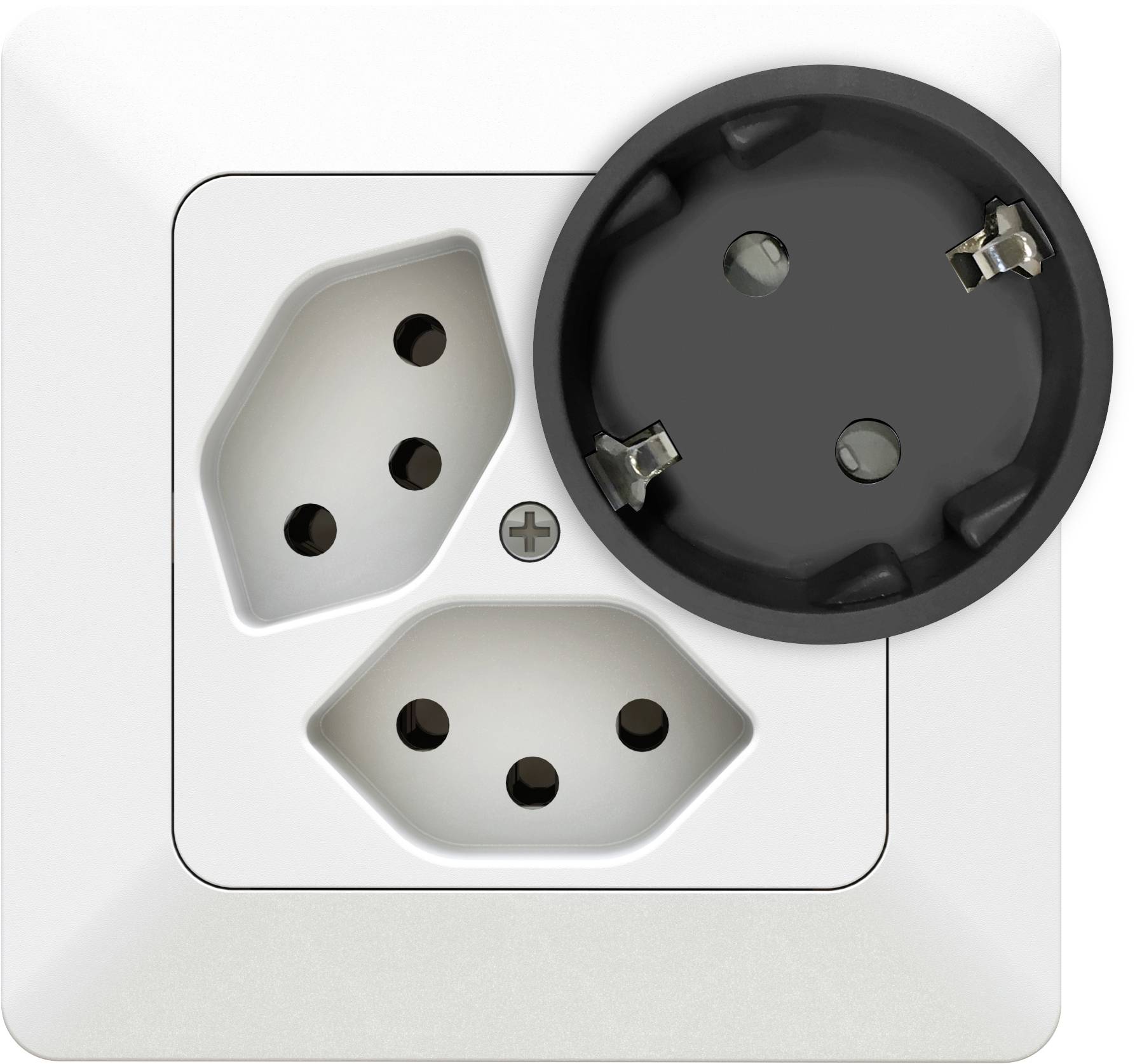 Podwójne gniazdo elektryczne z okrągłym adapterem po prawej stronie. Adapter posiada dwa punkty przyłączeniowe, pasujące do gniazda.