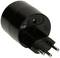 Czarny adapter wtykowy z trzema okrągłymi wtyczkami, przeznaczony do stosowania w gniazdkach elektrycznych szwajcarskich. Na górze znajduje się mały przełącznik.