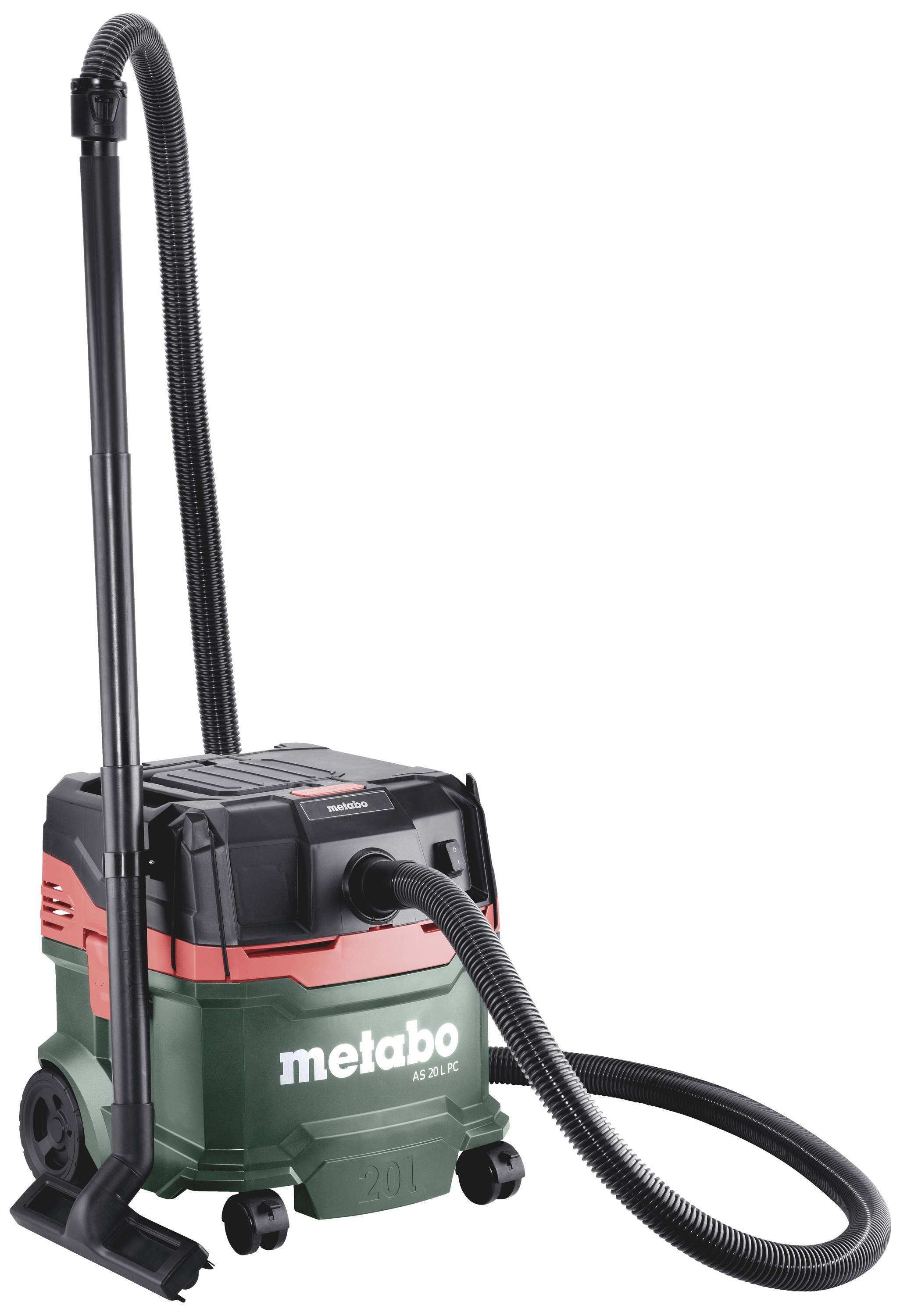 Odkurzacz przemysłowy Metabo, model AS 20 L PC, z czarnym wężem i czerwoną nakładką obudowy, odpowiedni do czyszczenia warsztatów.