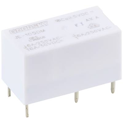 Przekaźnik elektryczny 'GOODSKY JE-105DM', przedstawiony w kolorze białym z metalowymi pinami. Nadruk wskazuje specyfikacje: 5VDC, 10A/250VAC, 10A/30VDC.