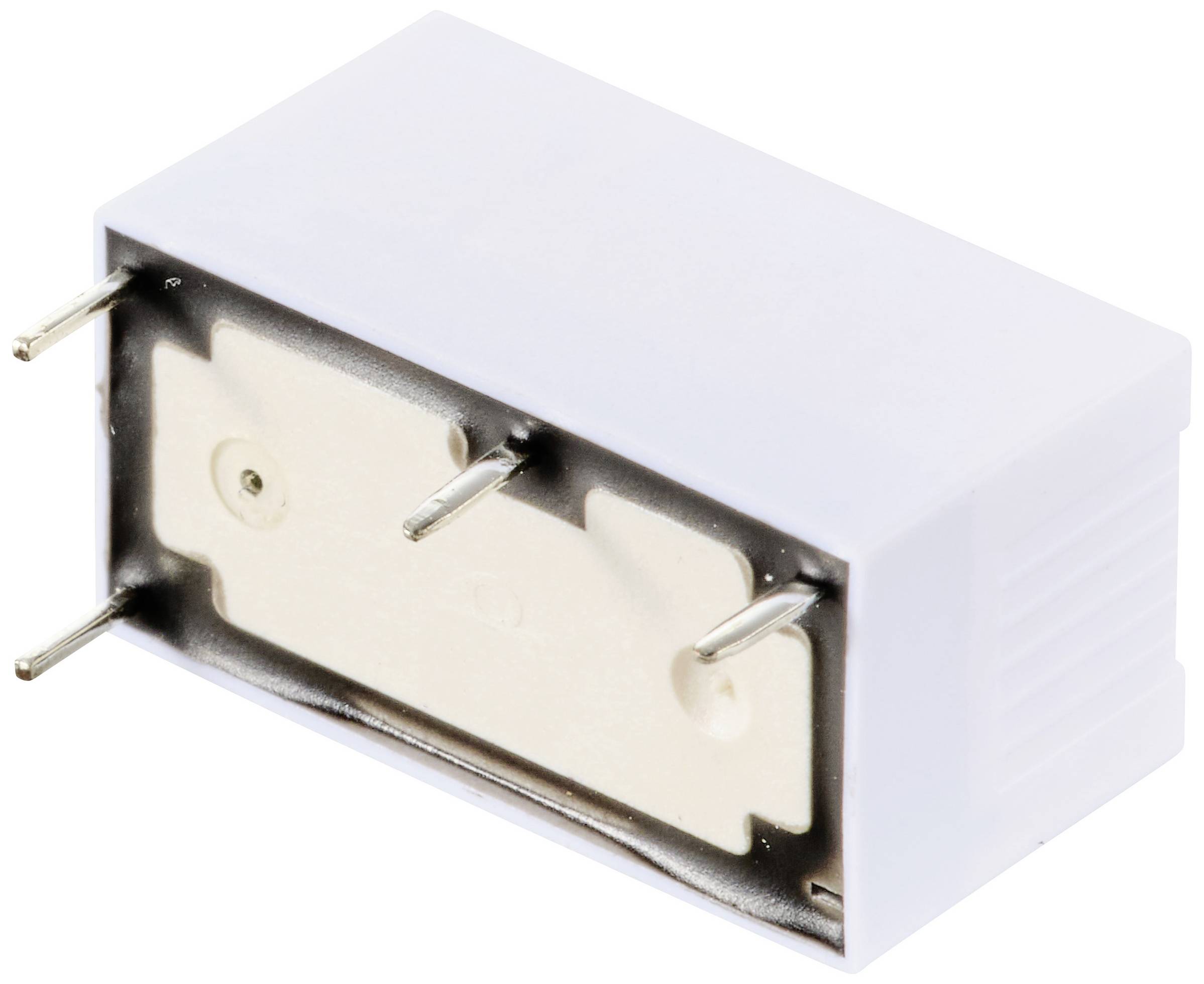 Białe elektroniczne przekaźnik z trzema metalowymi pinami od spodu, umieszczony na białym tle.