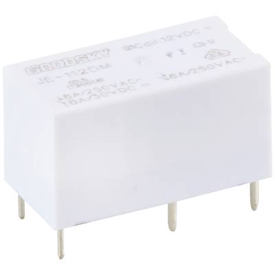 Białe, prostokątne przekaźniki z napisem 'GOODSKY', napięcie cewki 12 VDC, obciążalność 8A/250V AC, cztery styki przyłączeniowe u dołu.