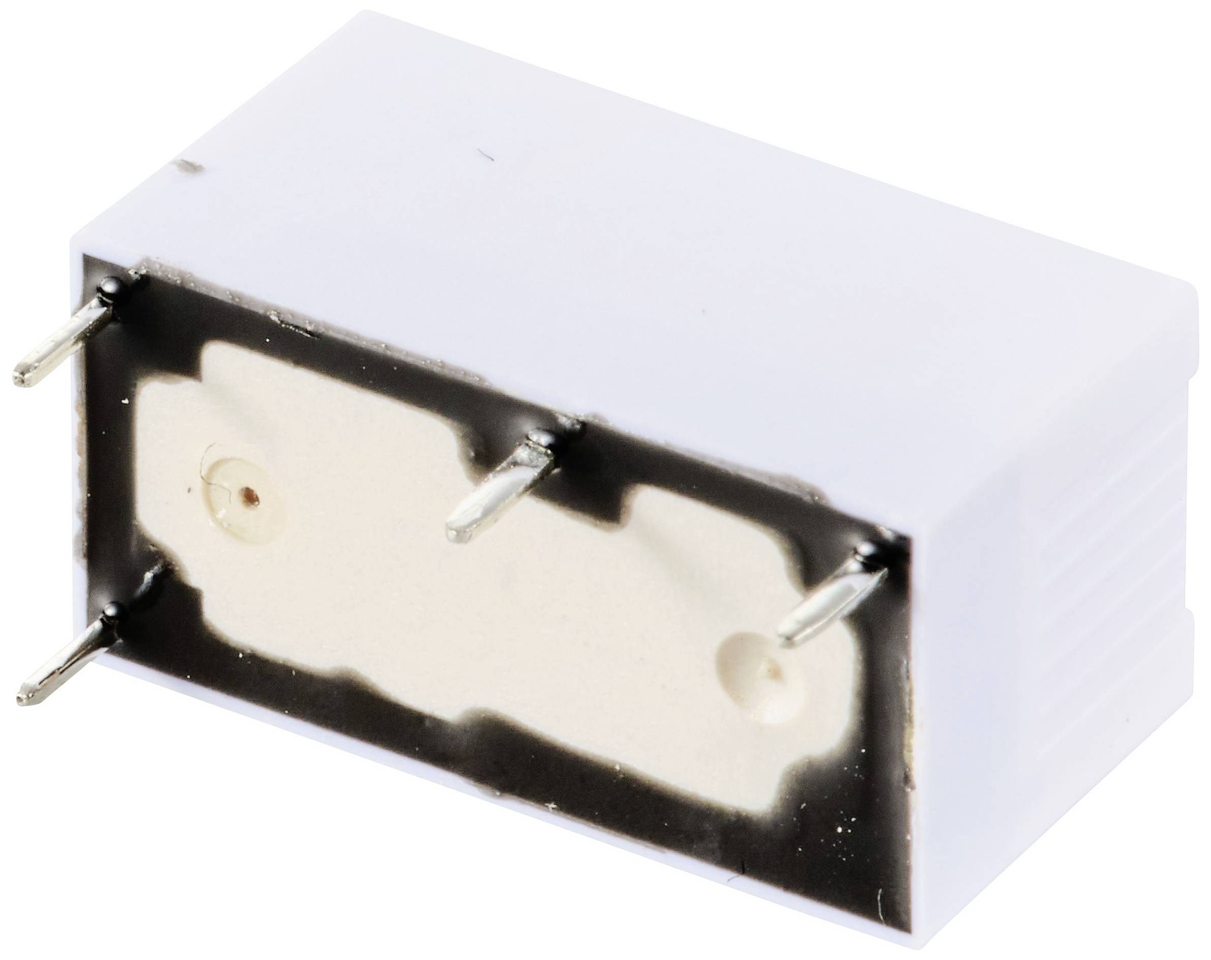 Biały, prostokątny element elektroniczny z trzema metalowymi stykami montażowymi, prawdopodobnie przekaźnik.