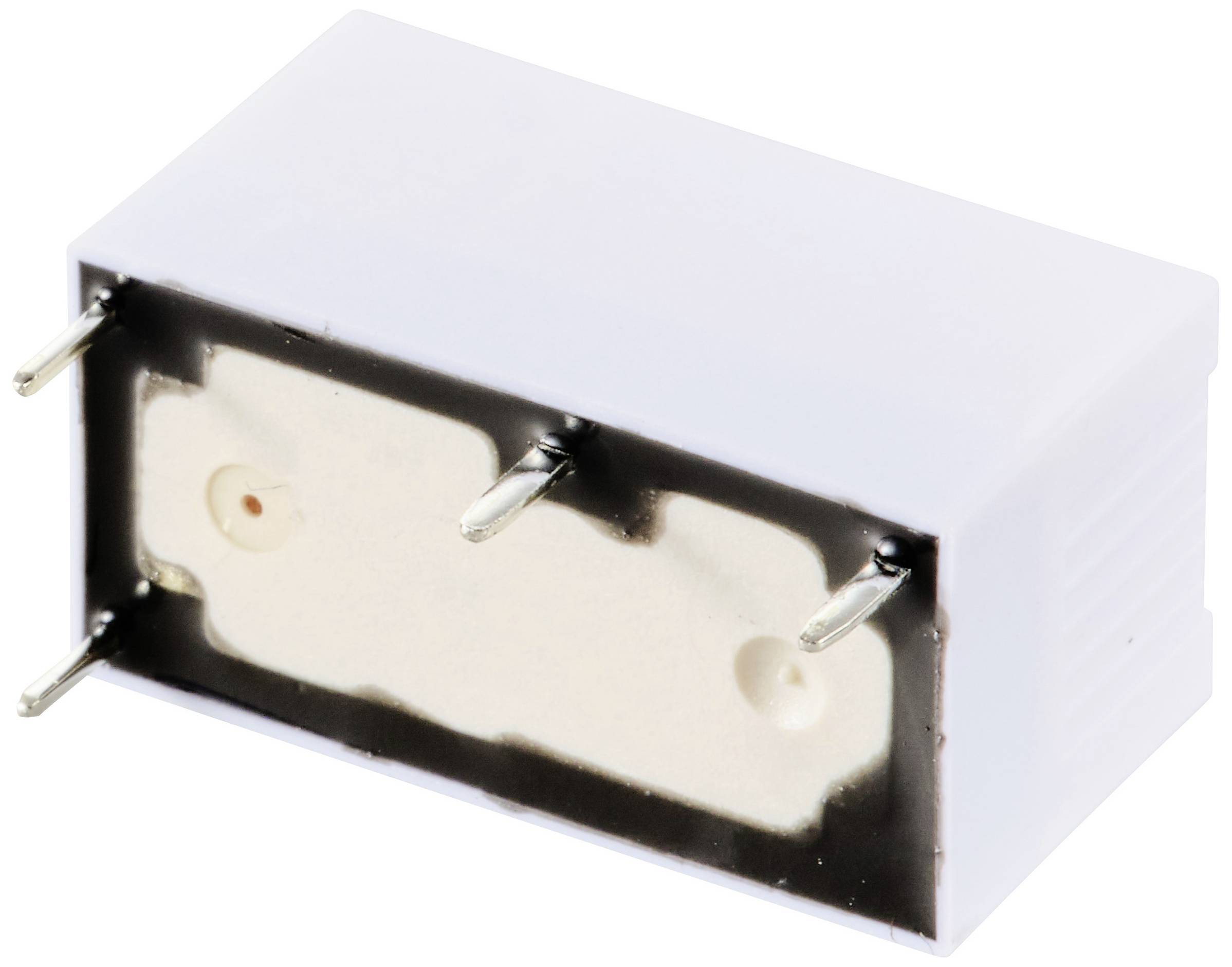 Biały element elektroniczny z czterema metalowymi pinami.