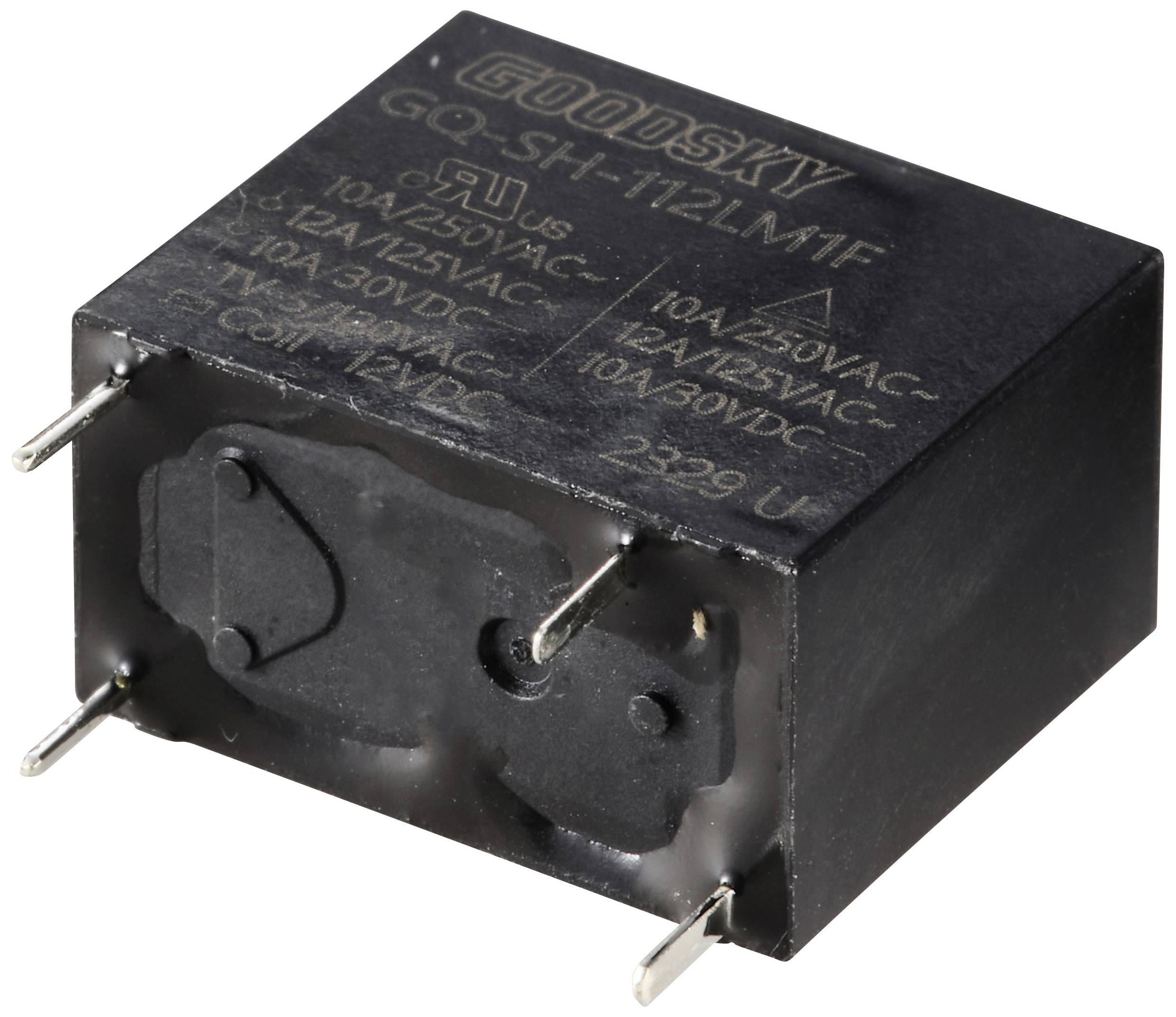 Przekaźnik GQ-SH-112LM1F firmy Goodsky, przedstawiający złącza i specyfikacje elektryczne. Odpowiedni dla 10A/250VAC oraz 10A/30VDC.