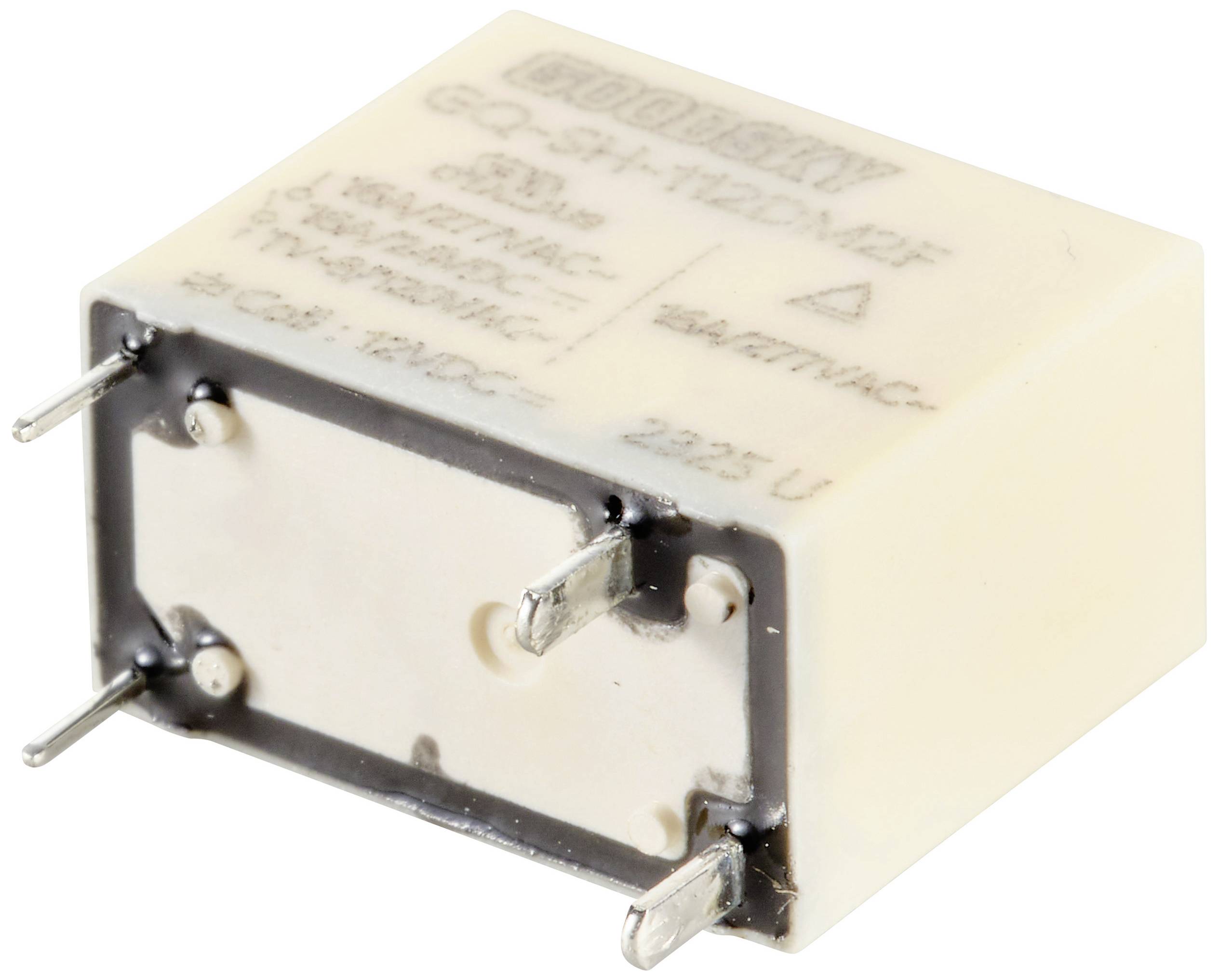 Białe elektroniczne przekaźniki z czterema metalowymi stykami; napis na boku wskazuje specyfikacje techniczne i informacje producenta.