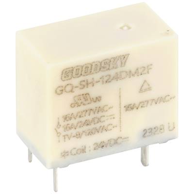 Białe przekaźniki z napisem 'GOODSKY GQ-SH-124DM12F', odpowiednie dla 15A/277VAC. Cztery metalowe styki przyłączeniowe od spodu.
