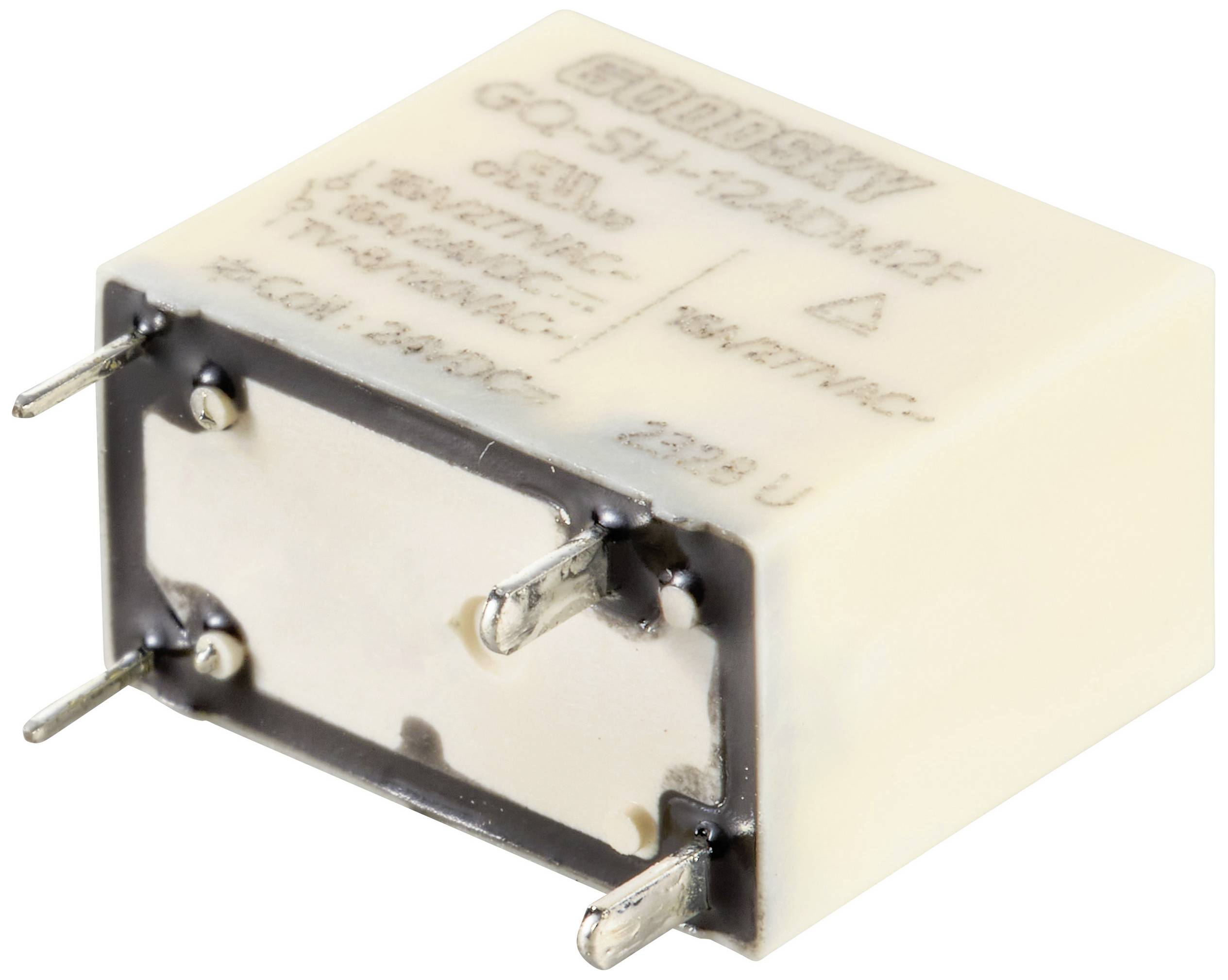 Mały, prostokątny elektroniczny moduł przekaźnikowy z czterema metalowymi stykami do montażu na płytce drukowanej. Oznaczony nadrukiem ze specyfikacją techniczną.