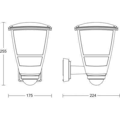 Rysunek techniczny lampy zewnętrznej: widok z przodu i z boku z wymiarami. Wysokość: 255 mm, szerokość: 175 mm, głębokość: 224 mm.