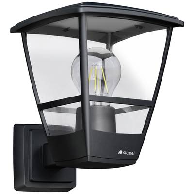 Czarna lampa ścienna z przezroczystą obudową i widoczną żarówką, zamontowana na ścianie domu.