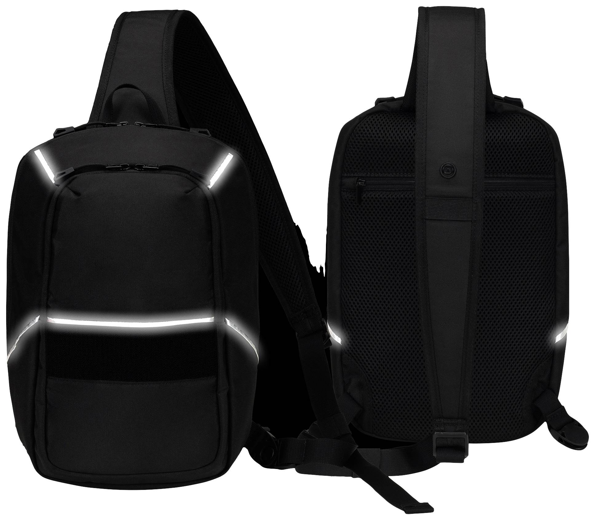 Dwa czarne plecaki z odblaskowymi paskami zwiększającymi widoczność. Widok z przodu i z tyłu, ergonomiczne szelki.