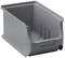 Duży, prostokątny, szary pojemnik z tworzywa sztucznego z otwartą przednią ścianką, idealny do przechowywania przedmiotów lub części.