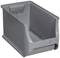 Szara, składowana skrzynka magazynowa z tworzywa sztucznego z otwartym dostępem z przodu. Idealna do przechowywania i organizacji drobnych elementów.