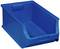 Niebieski plastikowy pojemnik magazynowy z otwarciem z przodu, idealny do organizacji i przechowywania przedmiotów.
