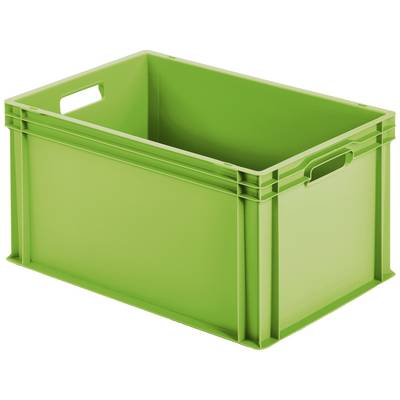 Zielona plastikowa skrzynka z uchwytami po obu stronach.
